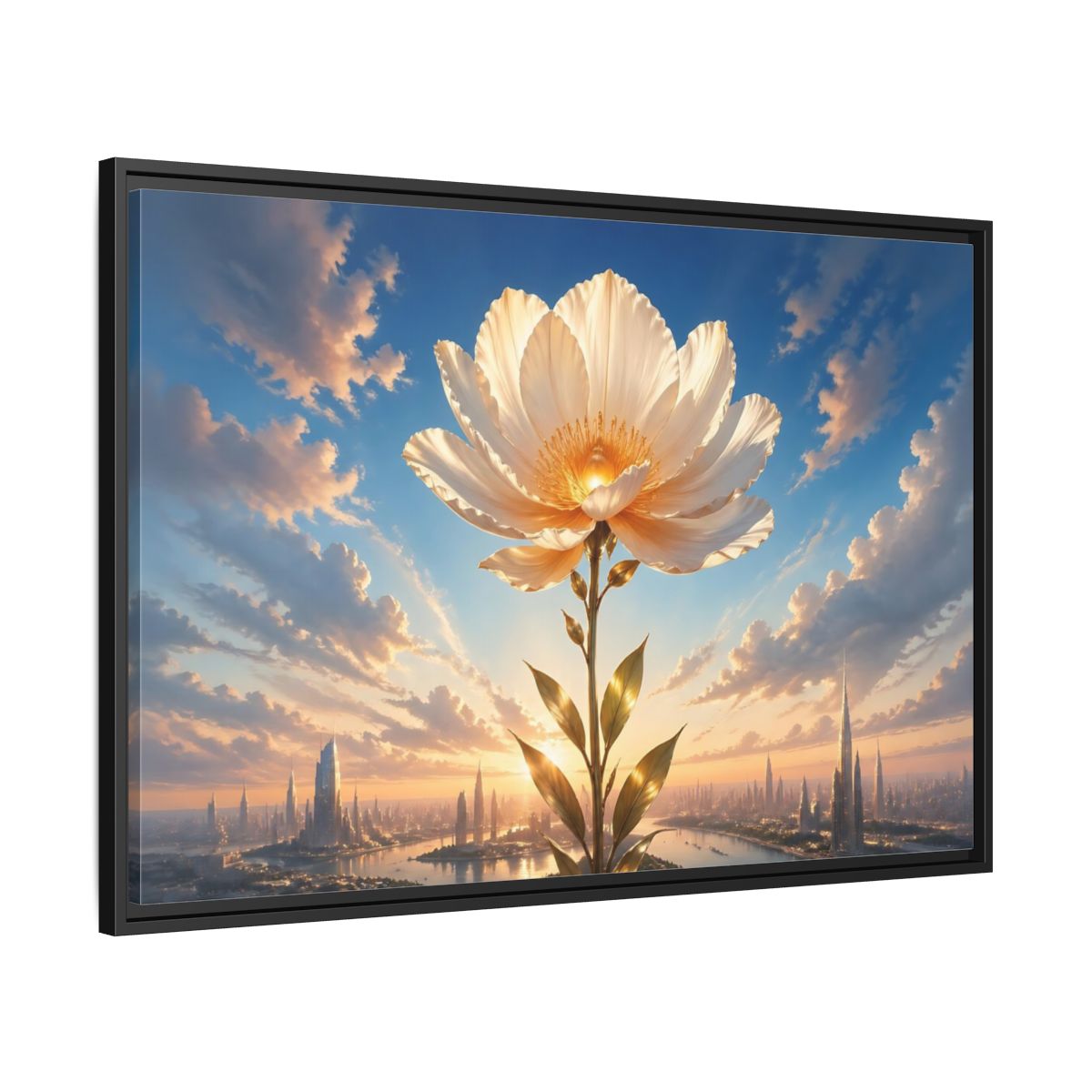 Side Mockup 13. Science Fiction Golden Flower White And Gold Flower shown as stretched canvas wall art