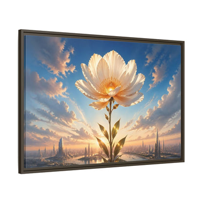 Main Mockup. Science Fiction Golden Flower White And Gold Flower shown as stretched canvas wall art