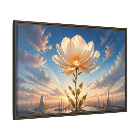 Main Mockup. Science Fiction Golden Flower White And Gold Flower shown as stretched canvas wall art