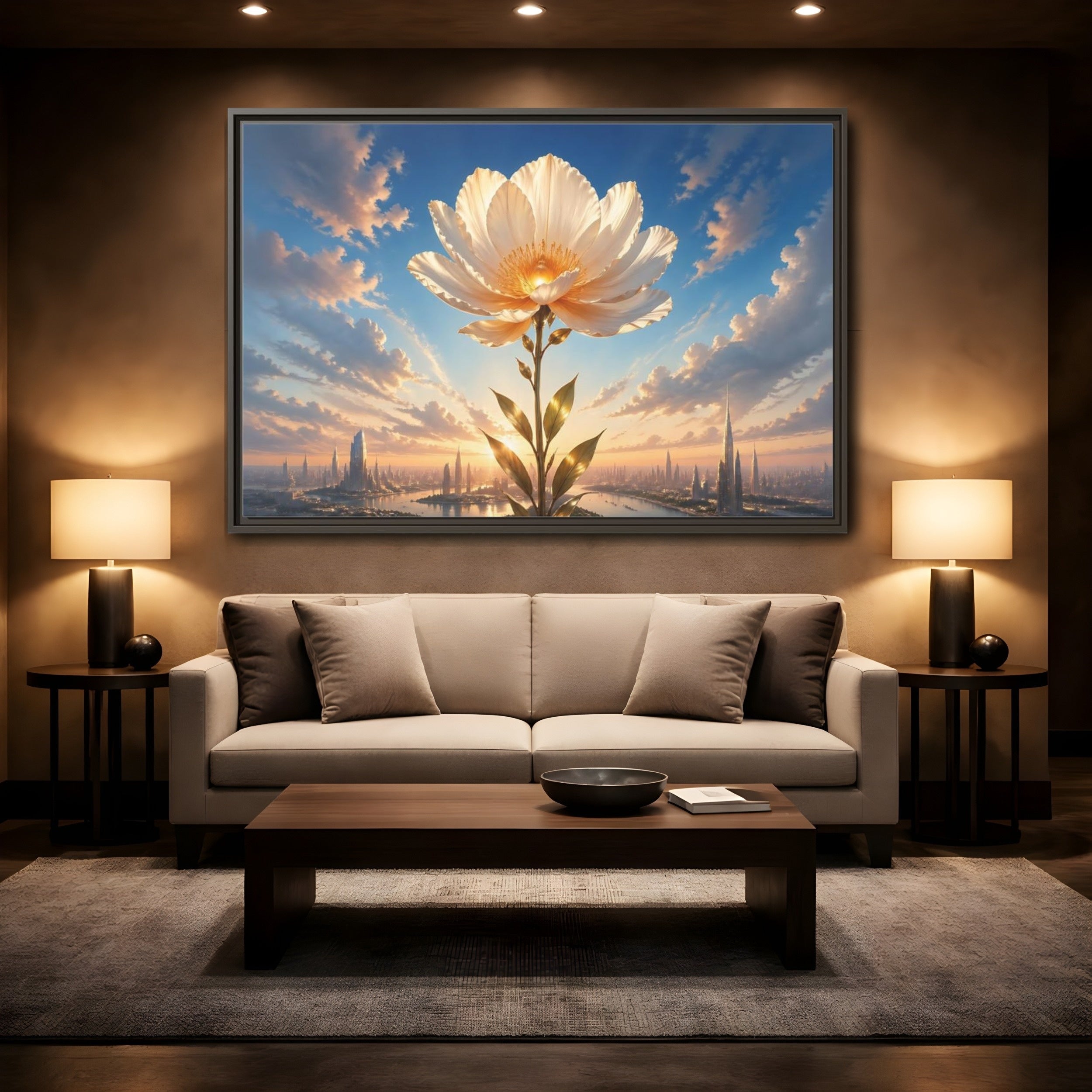 Mockup 2. Science Fiction Golden Flower White And Gold Flower shown as stretched canvas wall art