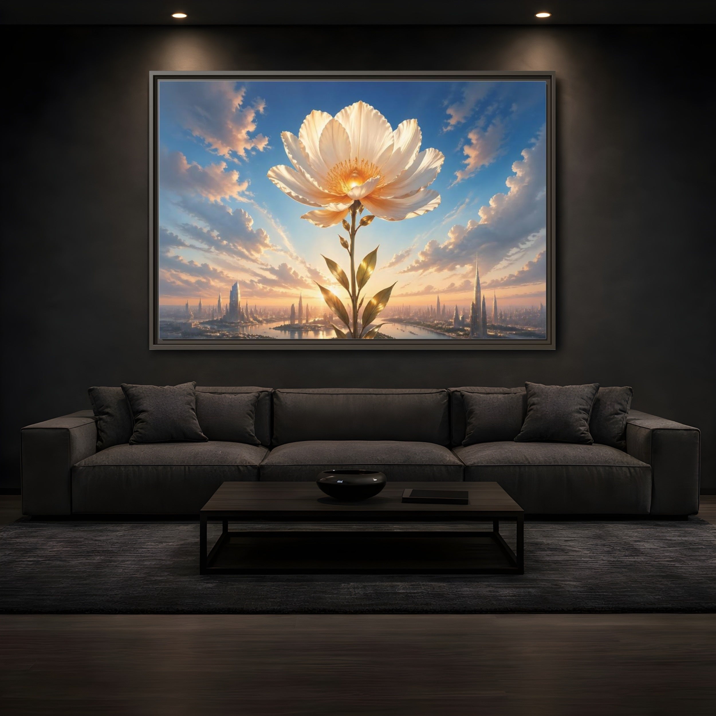 Mockup 3. Science Fiction Golden Flower White And Gold Flower shown as stretched canvas wall art
