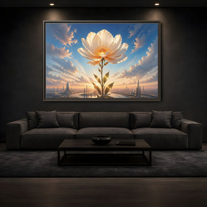 Mockup 3. Science Fiction Golden Flower White And Gold Flower shown as stretched canvas wall art