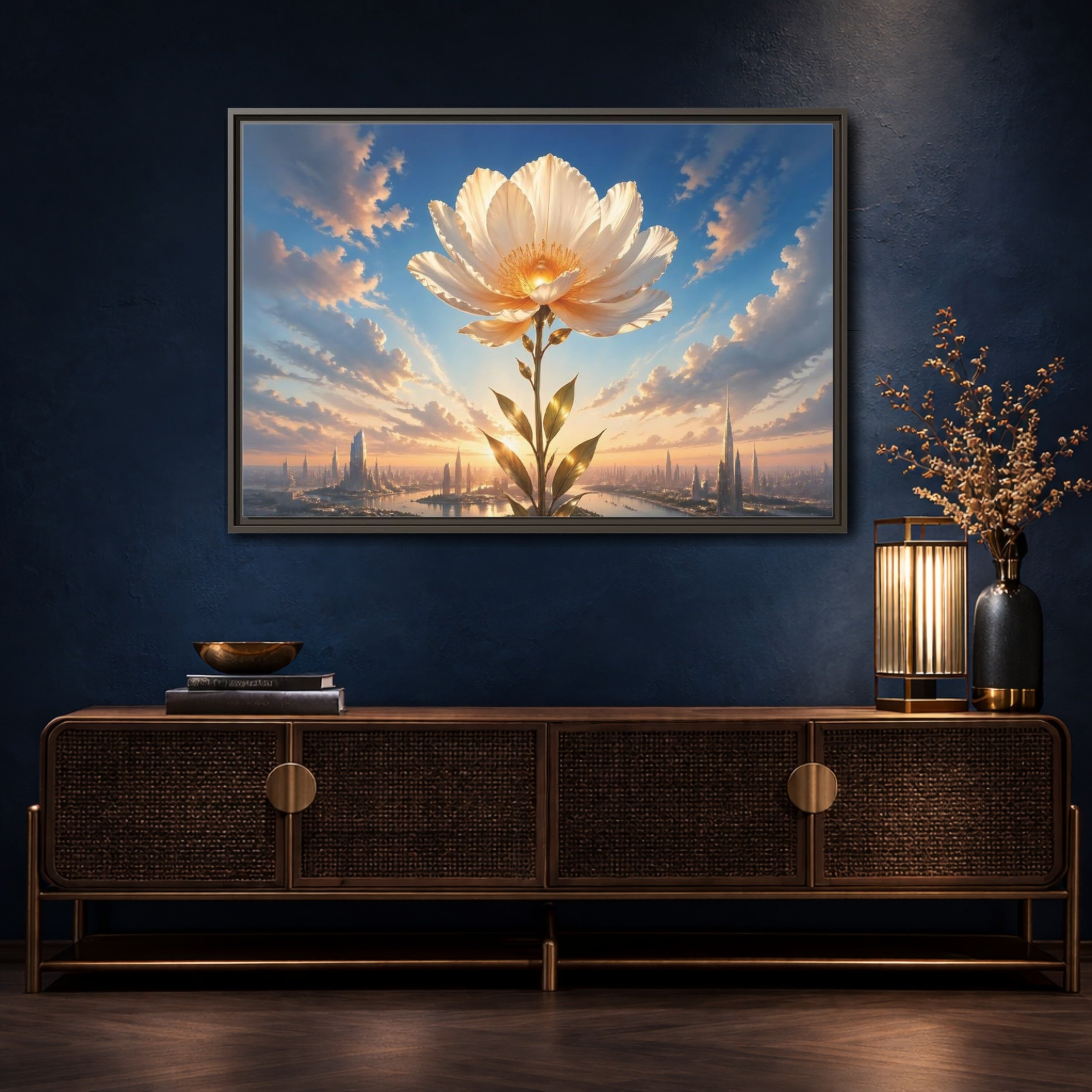 Mockup 4. Science Fiction Golden Flower White And Gold Flower shown as stretched canvas wall art