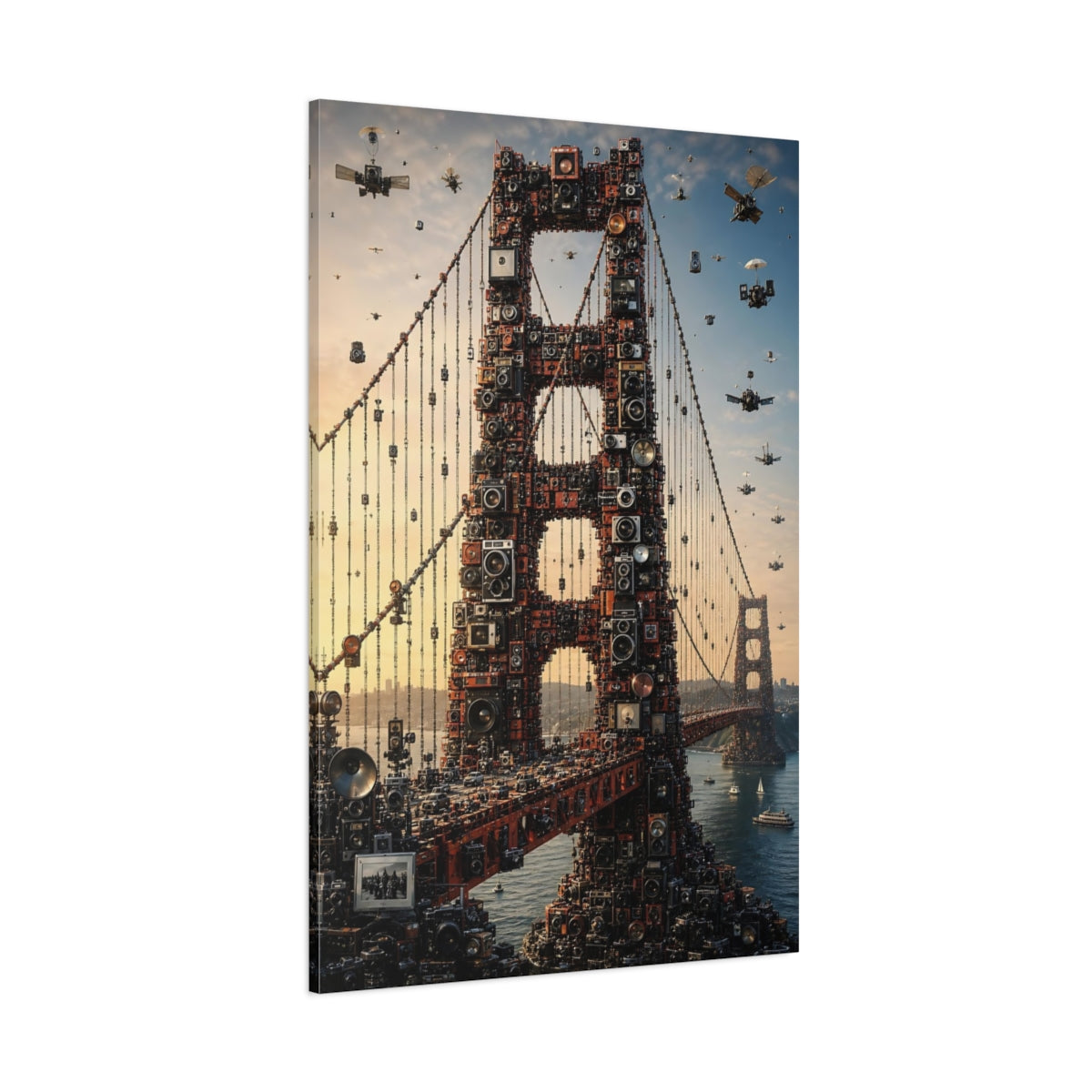 Science Fiction Golden Gate Bridge Cameras Canvas Wall Art Print - Surreal Decor for Living Room shown as canvas wall art