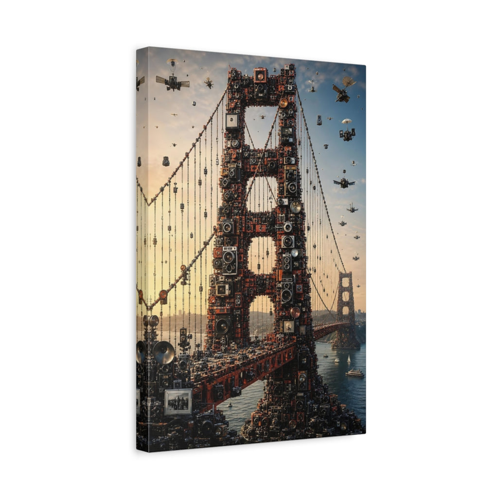 Side Mockup 4. Science Fiction Golden Gate Bridge Golden Gate Cameras shown as stretched canvas wall art