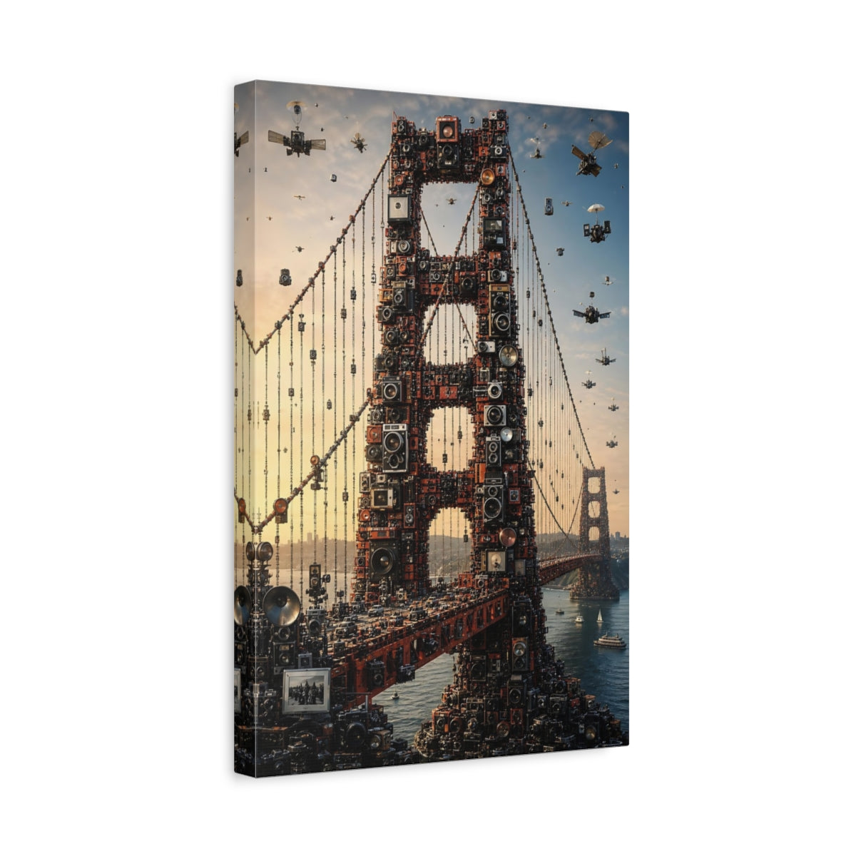 Side Mockup 4. Science Fiction Golden Gate Bridge Golden Gate Cameras shown as stretched canvas wall art