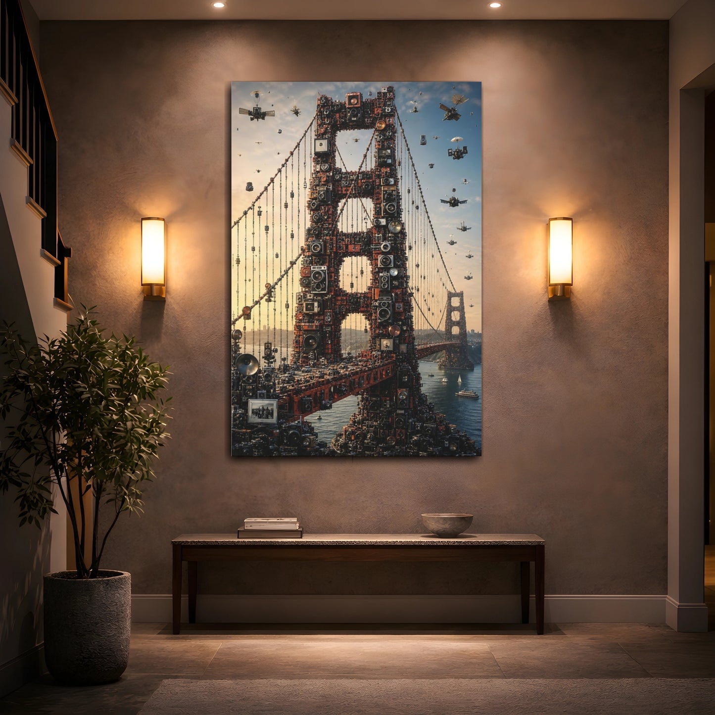 Science Fiction Golden Gate Bridge Cameras Canvas Wall Art Print - Surreal Decor for Living Room shown as canvas wall art