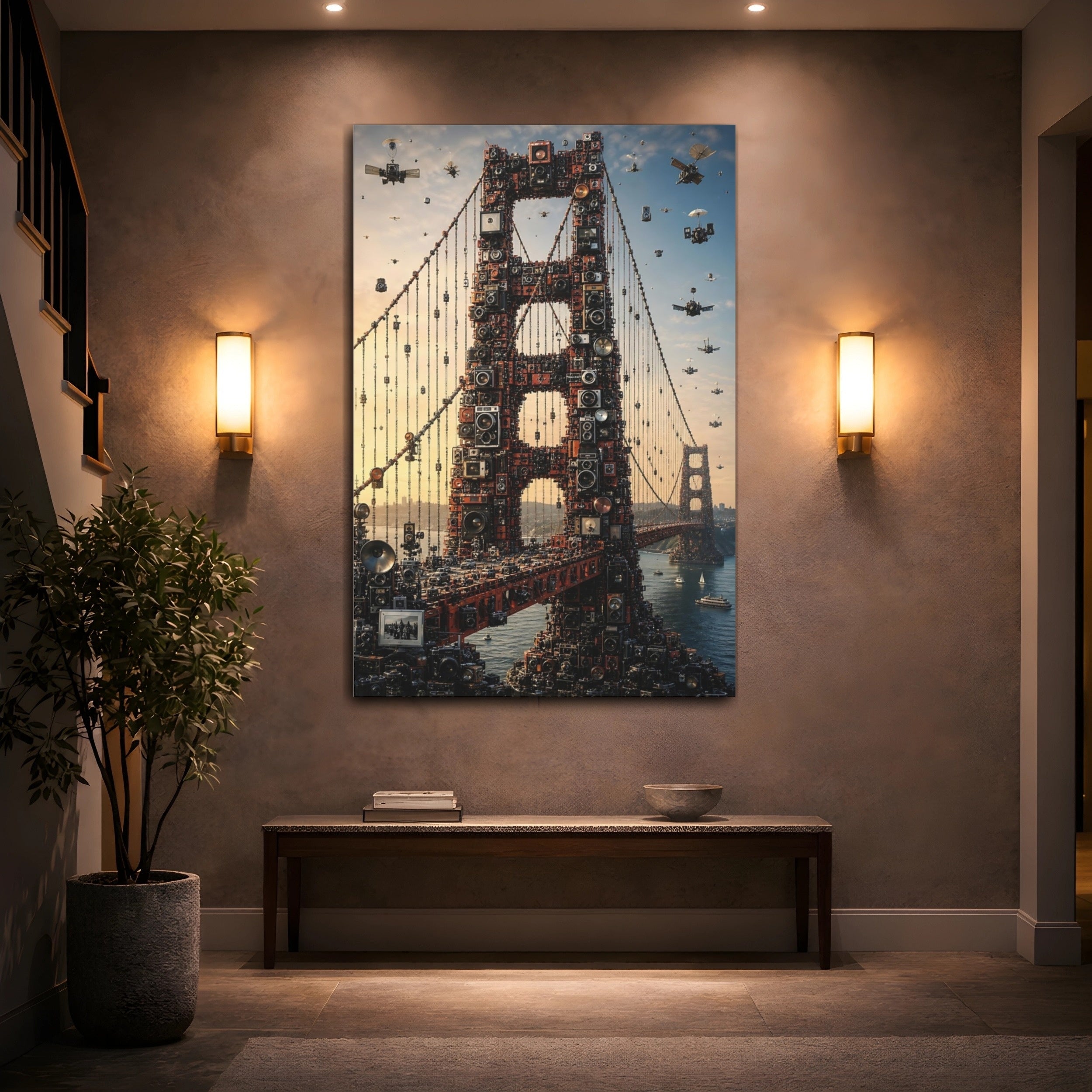 Mockup 2. Science Fiction Golden Gate Bridge Golden Gate Cameras shown as stretched canvas wall art