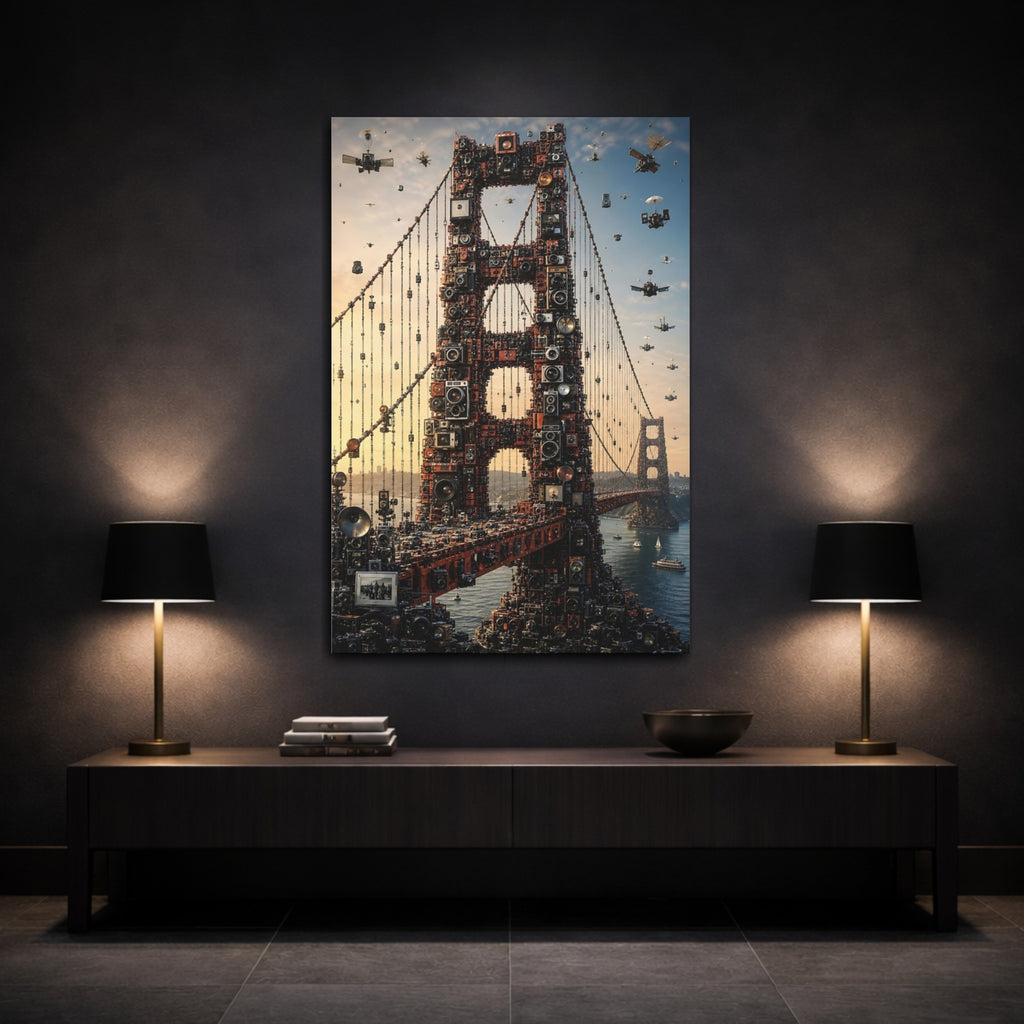 Mockup 3. Science Fiction Golden Gate Bridge Golden Gate Cameras shown as stretched canvas wall art