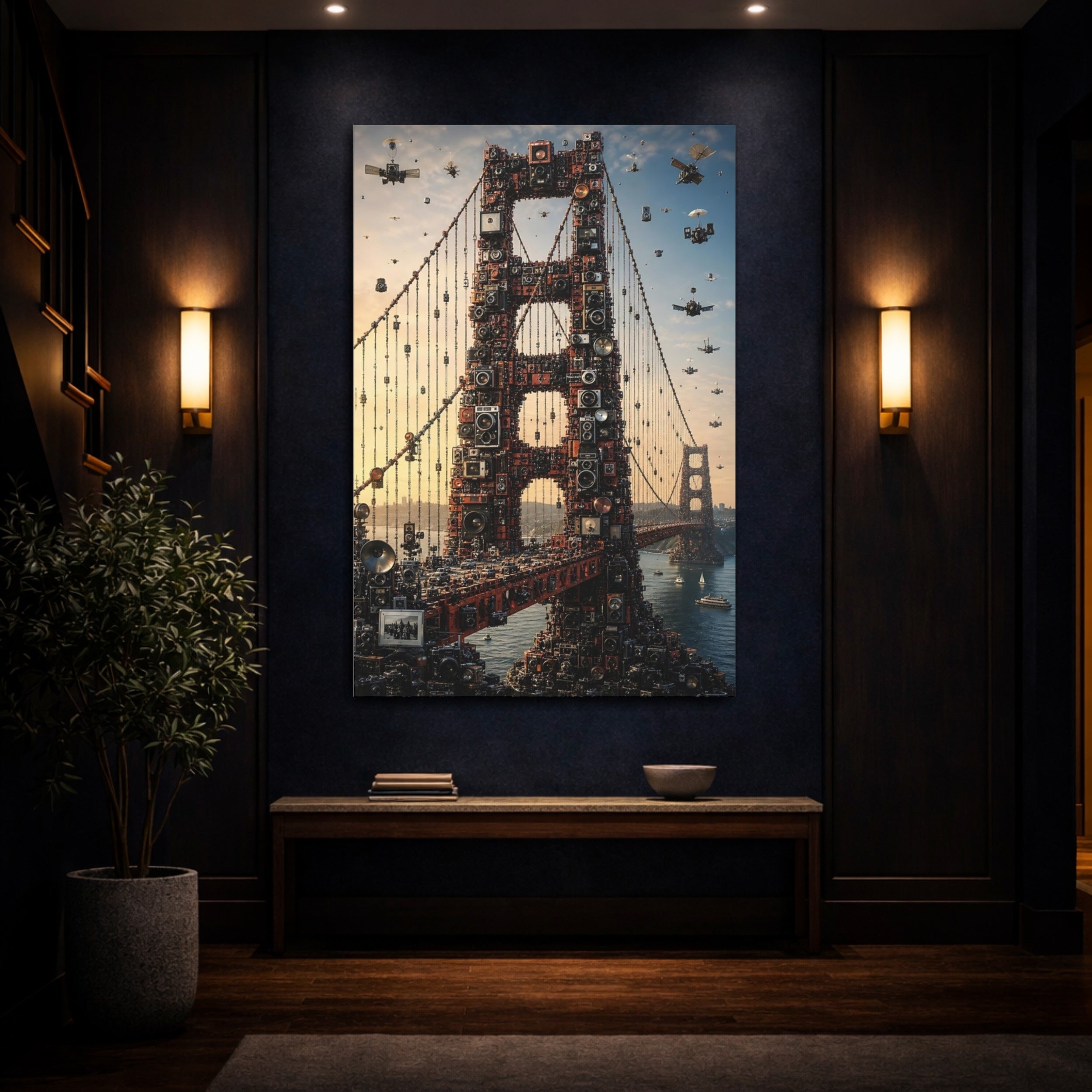 Mockup 4. Science Fiction Golden Gate Bridge Golden Gate Cameras shown as stretched canvas wall art