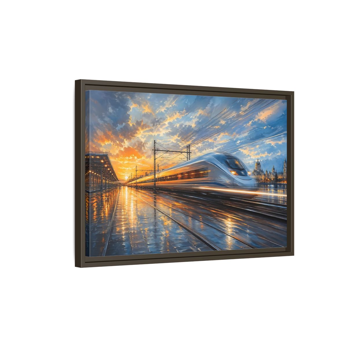 Side Mockup 2. Science Fiction High-Speed Train Orange Blue Train shown as stretched canvas wall art