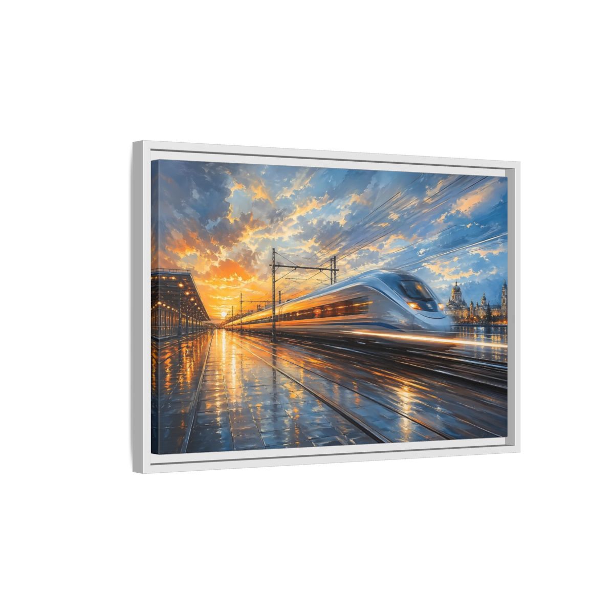 Side Mockup 1. Science Fiction High-Speed Train Orange Blue Train shown as stretched canvas wall art