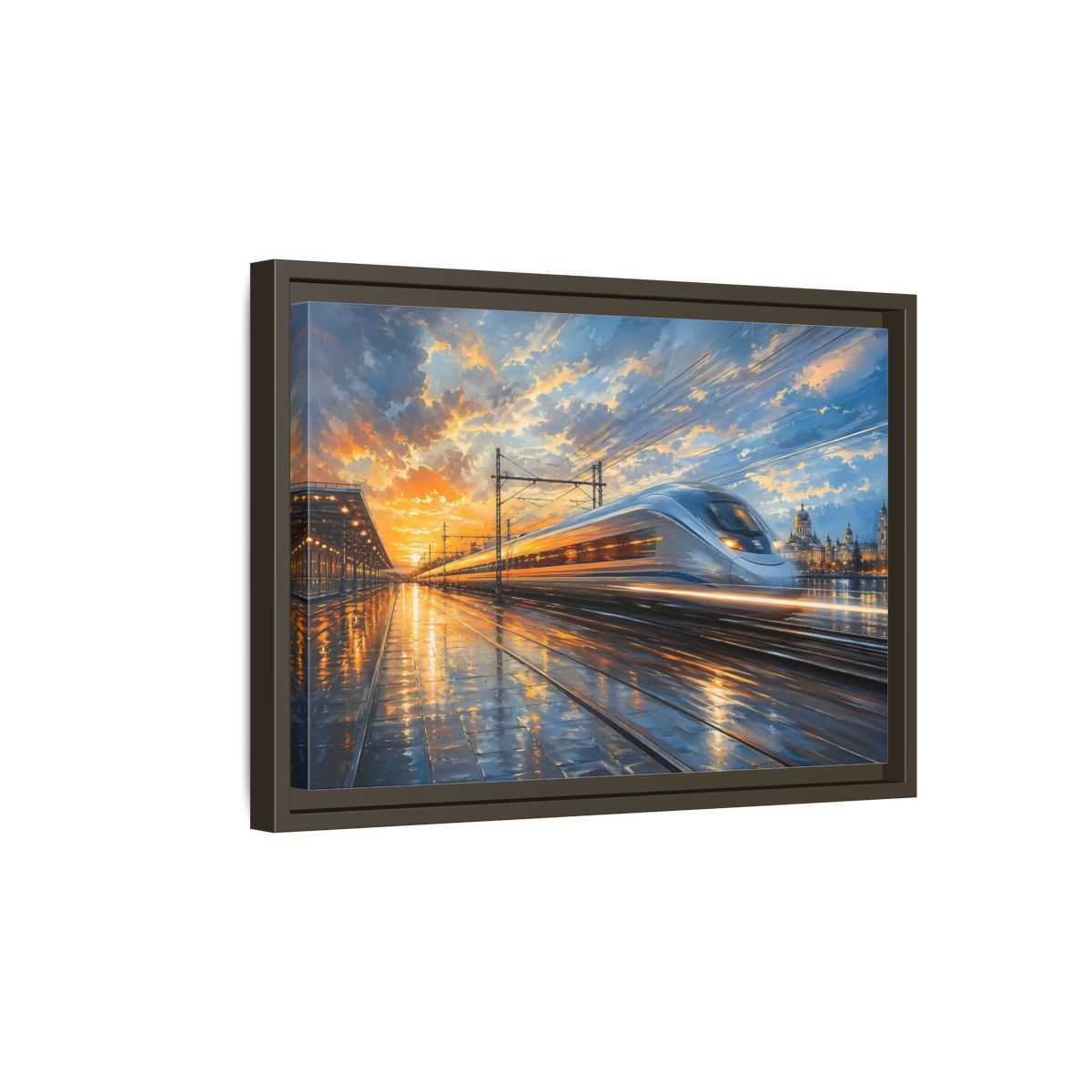 Side Mockup 5. Science Fiction High-Speed Train Orange Blue Train shown as stretched canvas wall art