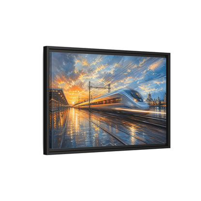 Side Mockup 3. Science Fiction High-Speed Train Orange Blue Train shown as stretched canvas wall art