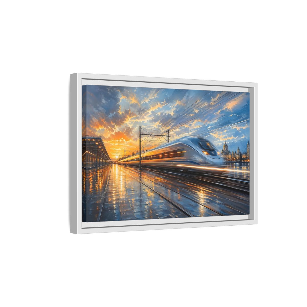 Side Mockup 4. Science Fiction High-Speed Train Orange Blue Train shown as stretched canvas wall art