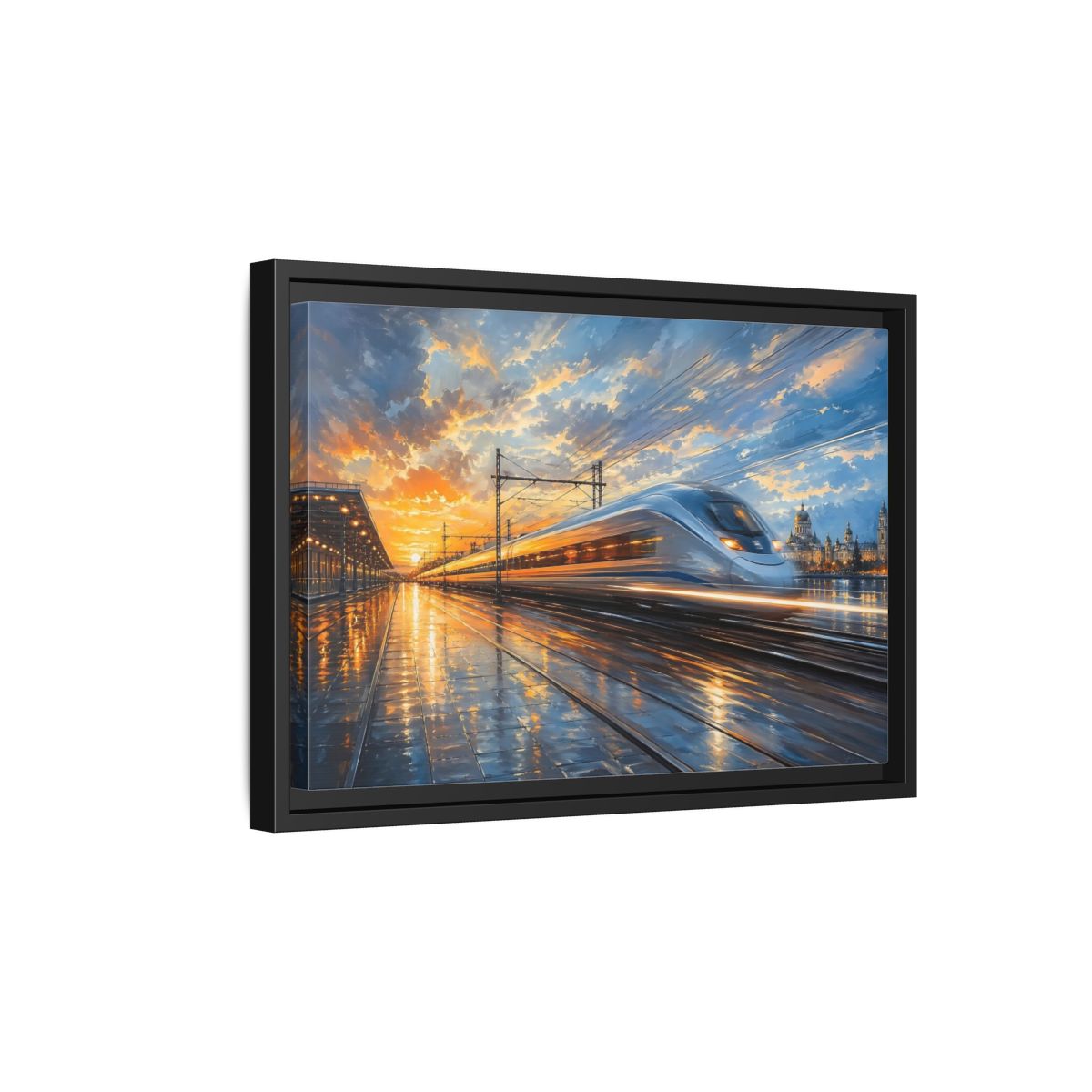 Side Mockup 6. Science Fiction High-Speed Train Orange Blue Train shown as stretched canvas wall art