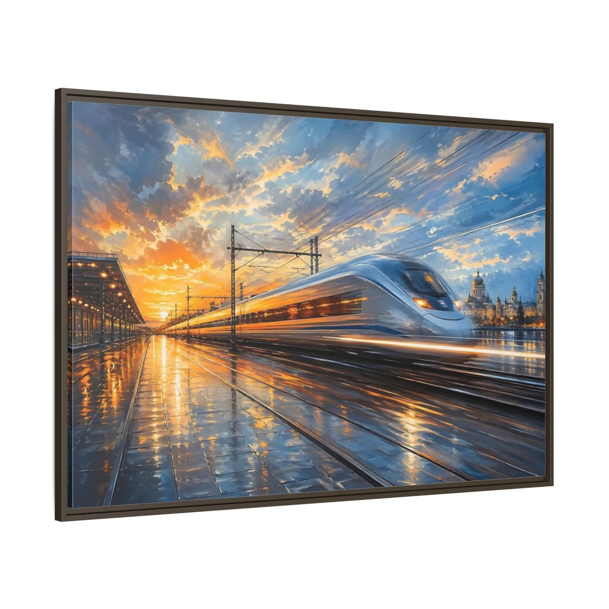 Side Mockup 8. Science Fiction High-Speed Train Orange Blue Train shown as stretched canvas wall art