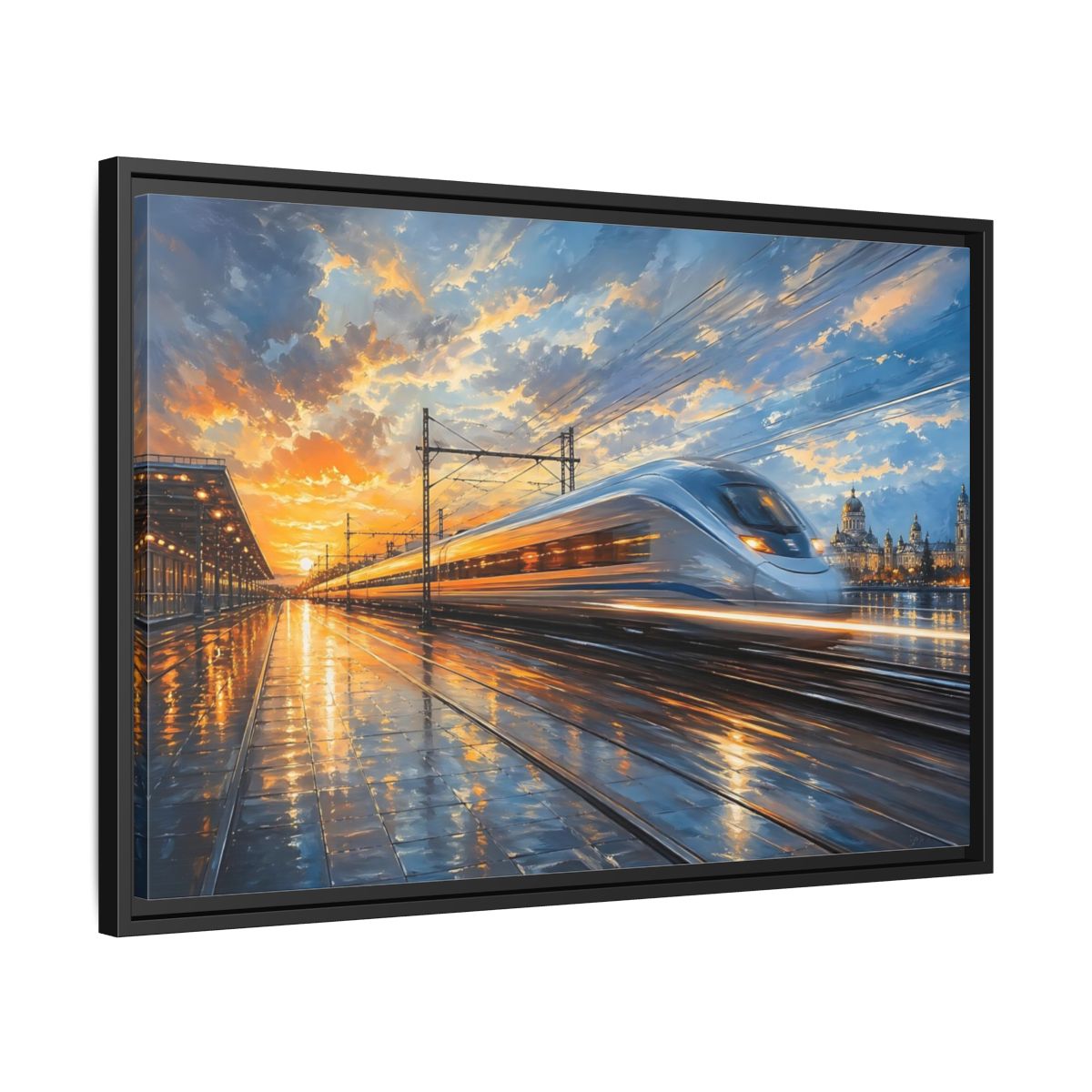 Side Mockup 14. Science Fiction High-Speed Train Orange Blue Train shown as stretched canvas wall art