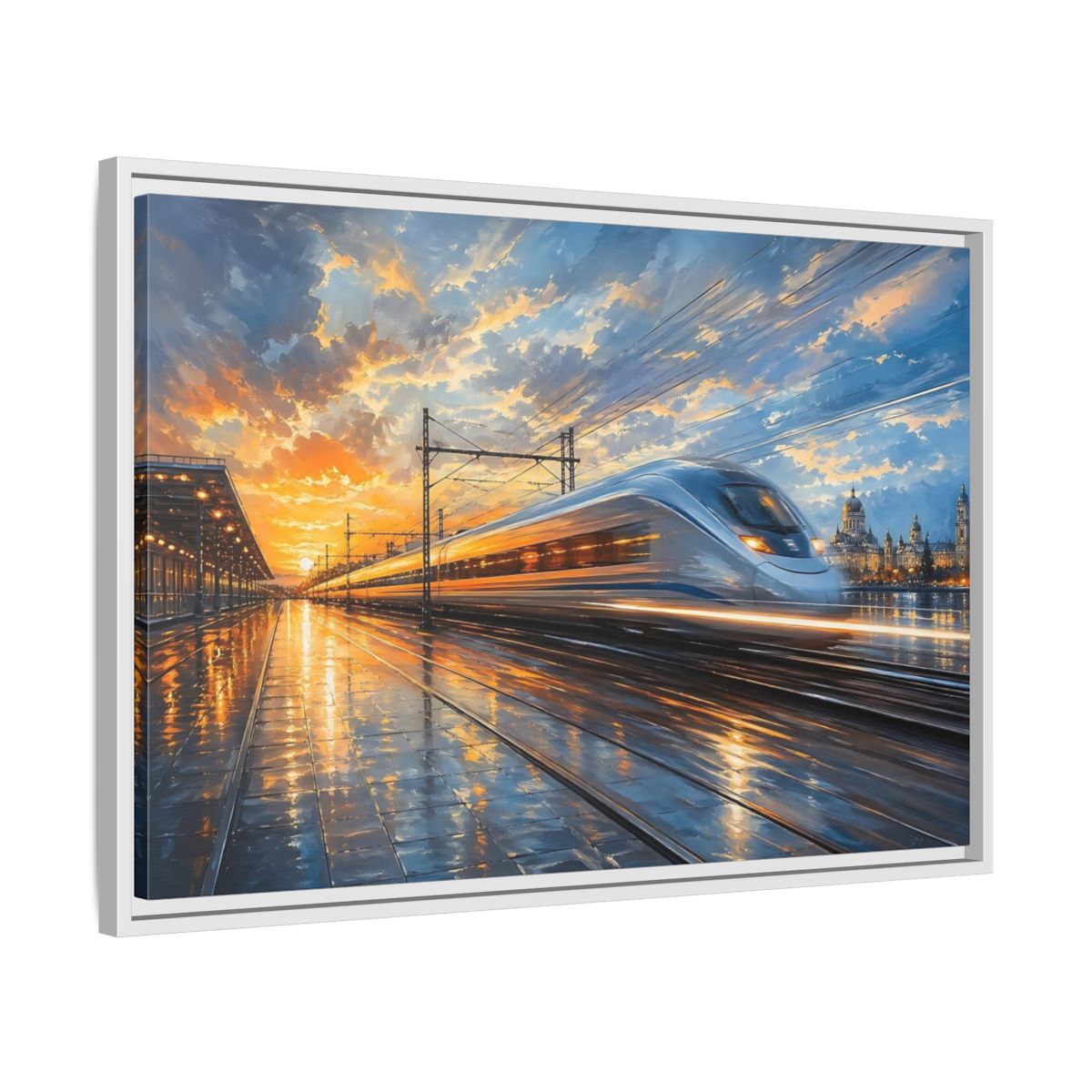 Side Mockup 10. Science Fiction High-Speed Train Orange Blue Train shown as stretched canvas wall art