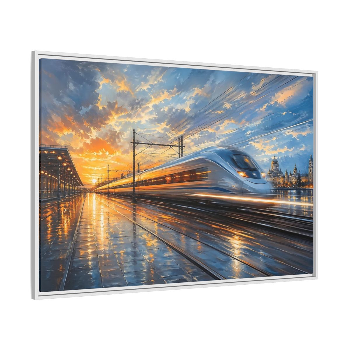Side Mockup 7. Science Fiction High-Speed Train Orange Blue Train shown as stretched canvas wall art