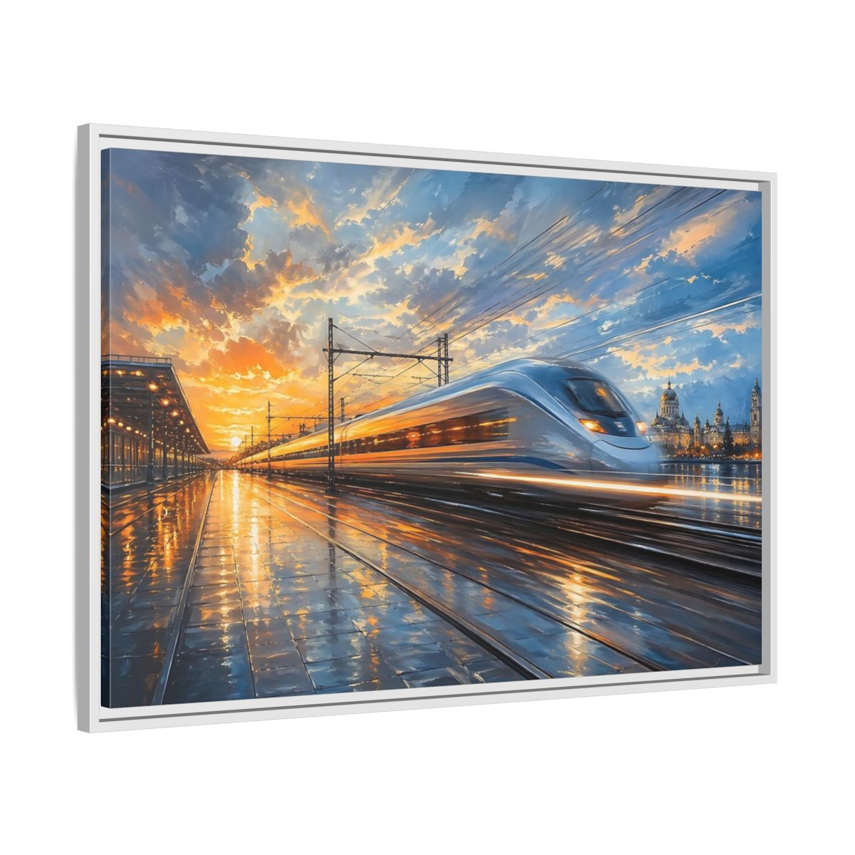 Side Mockup 9. Science Fiction High-Speed Train Orange Blue Train shown as stretched canvas wall art