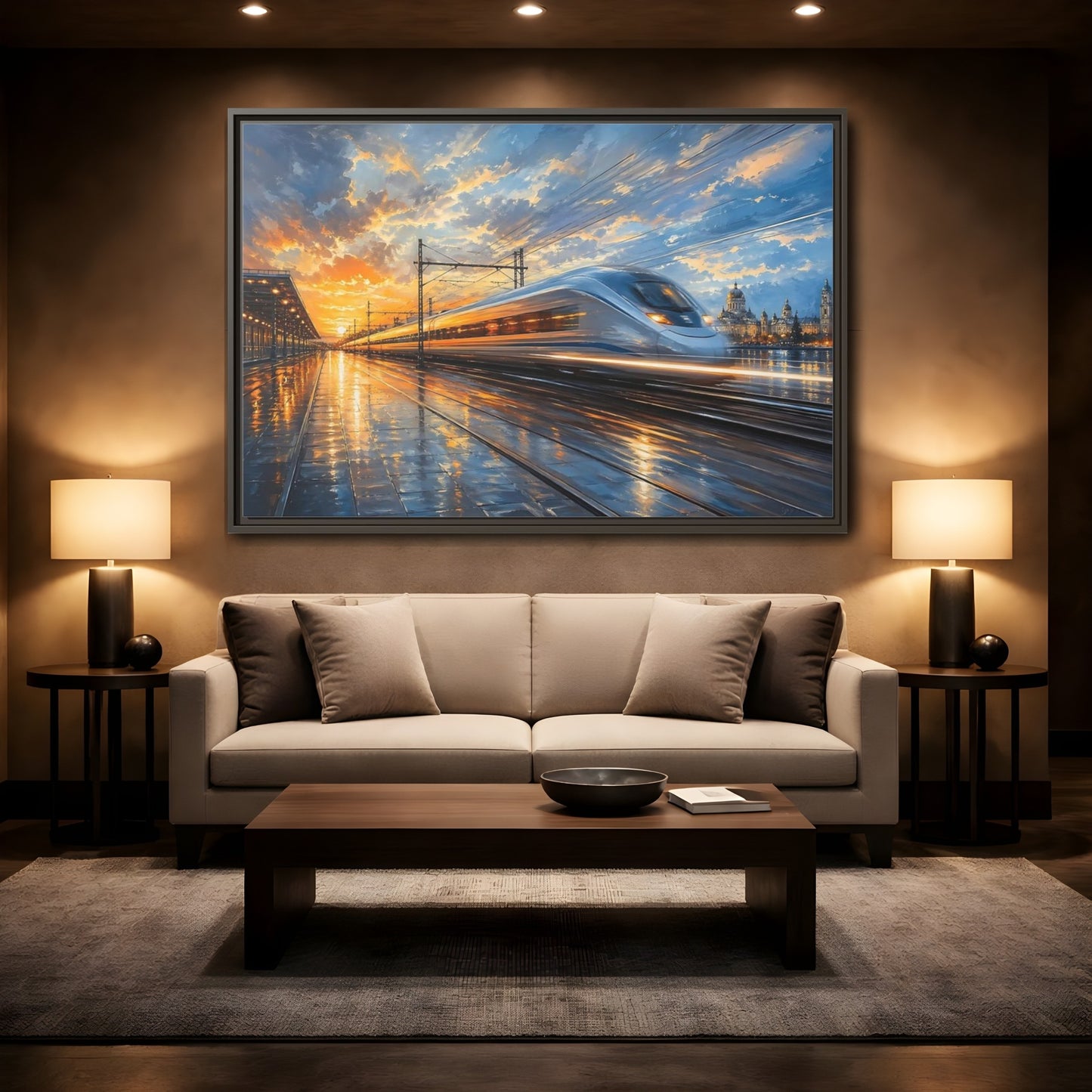 Mockup 2. Science Fiction High-Speed Train Orange Blue Train shown as stretched canvas wall art