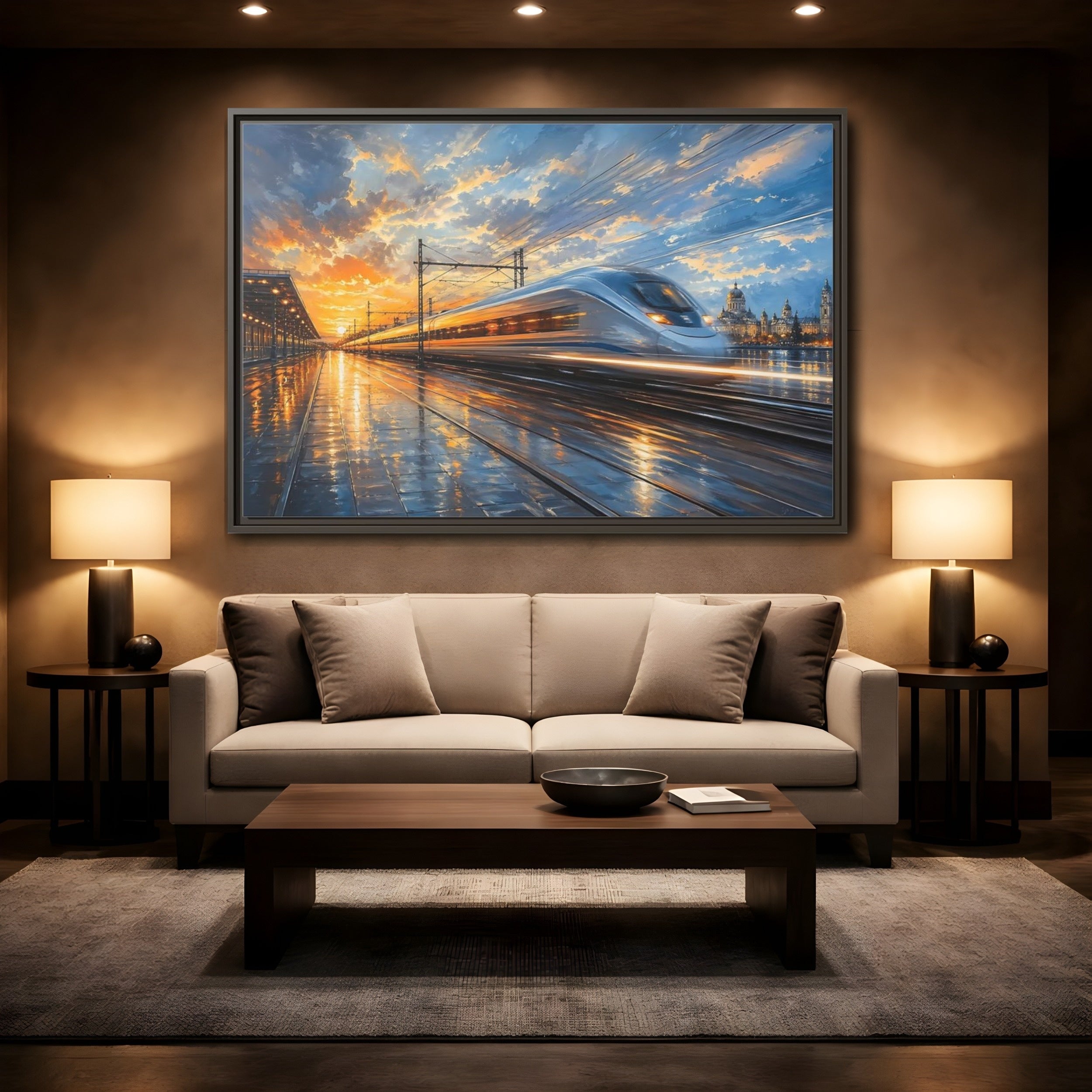 Mockup 2. Science Fiction High-Speed Train Orange Blue Train shown as stretched canvas wall art