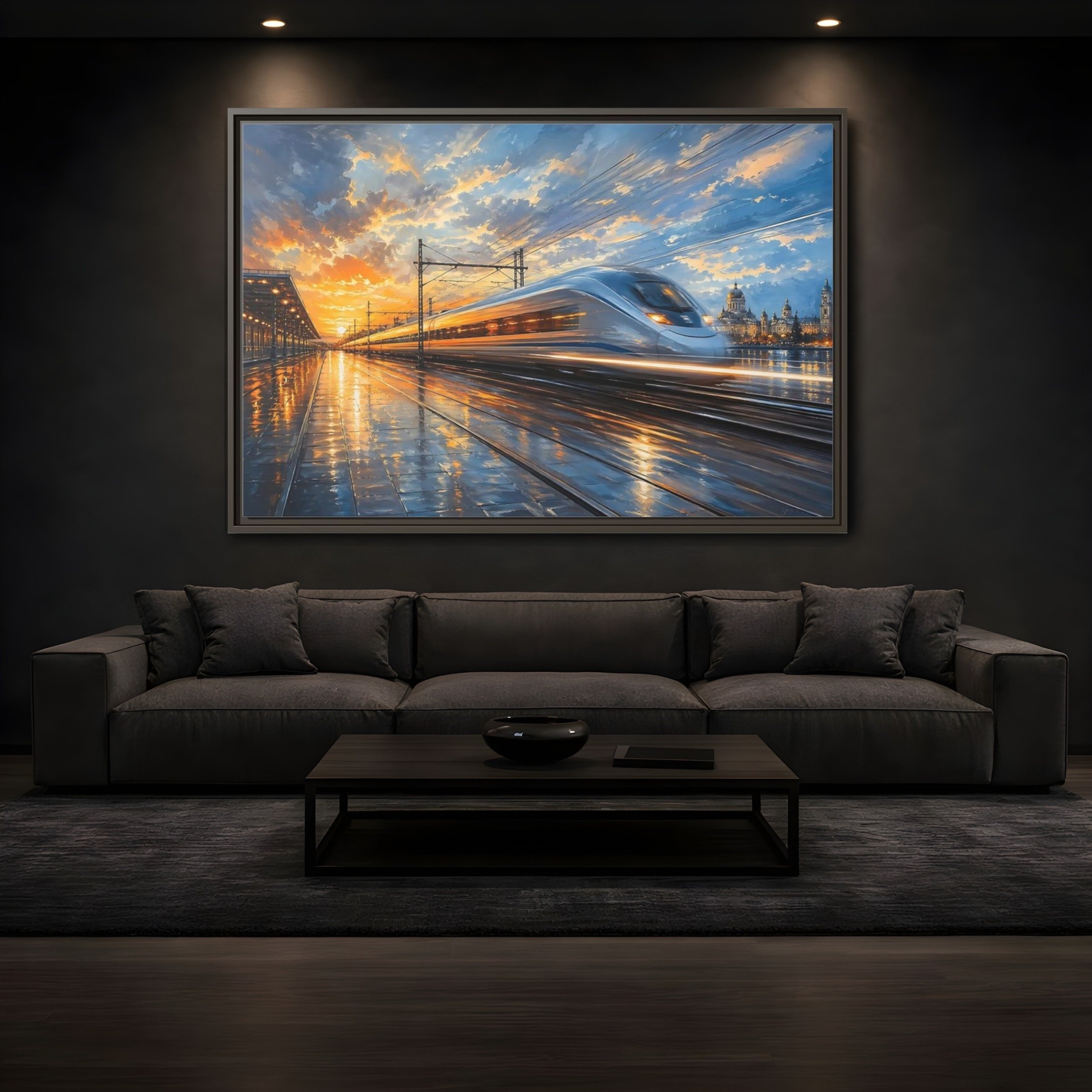 Mockup 3. Science Fiction High-Speed Train Orange Blue Train shown as stretched canvas wall art
