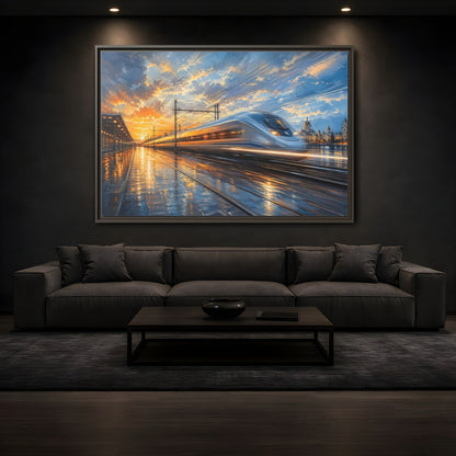 Mockup 3. Science Fiction High-Speed Train Orange Blue Train shown as stretched canvas wall art