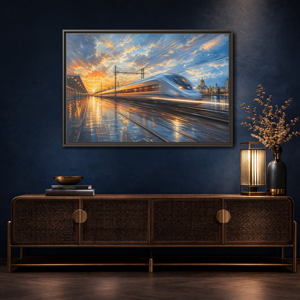 Mockup 4. Science Fiction High-Speed Train Orange Blue Train shown as stretched canvas wall art