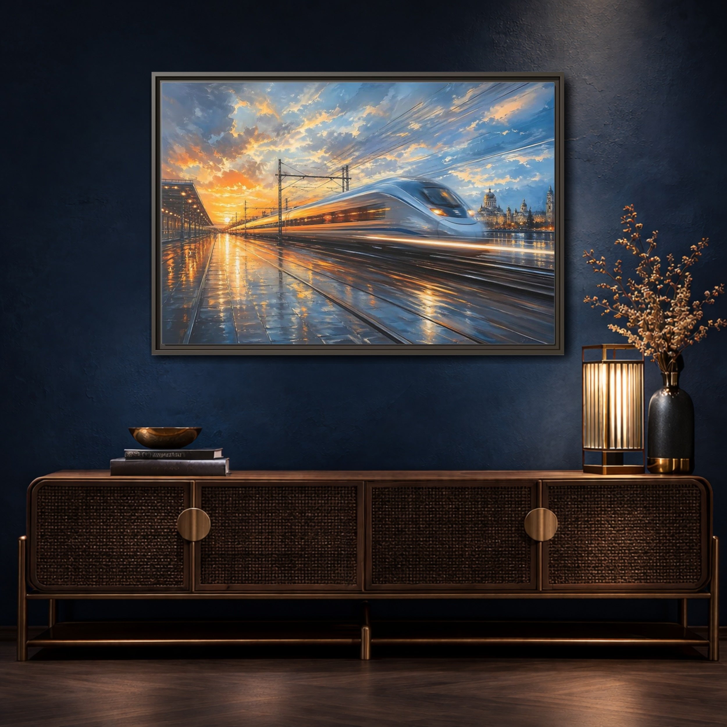 Mockup 4. Science Fiction High-Speed Train Orange Blue Train shown as stretched canvas wall art