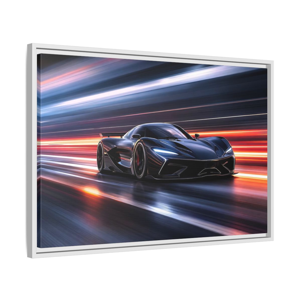 Side Mockup 10. Science Fiction Hypercar Dark Blue Speed shown as stretched canvas wall art