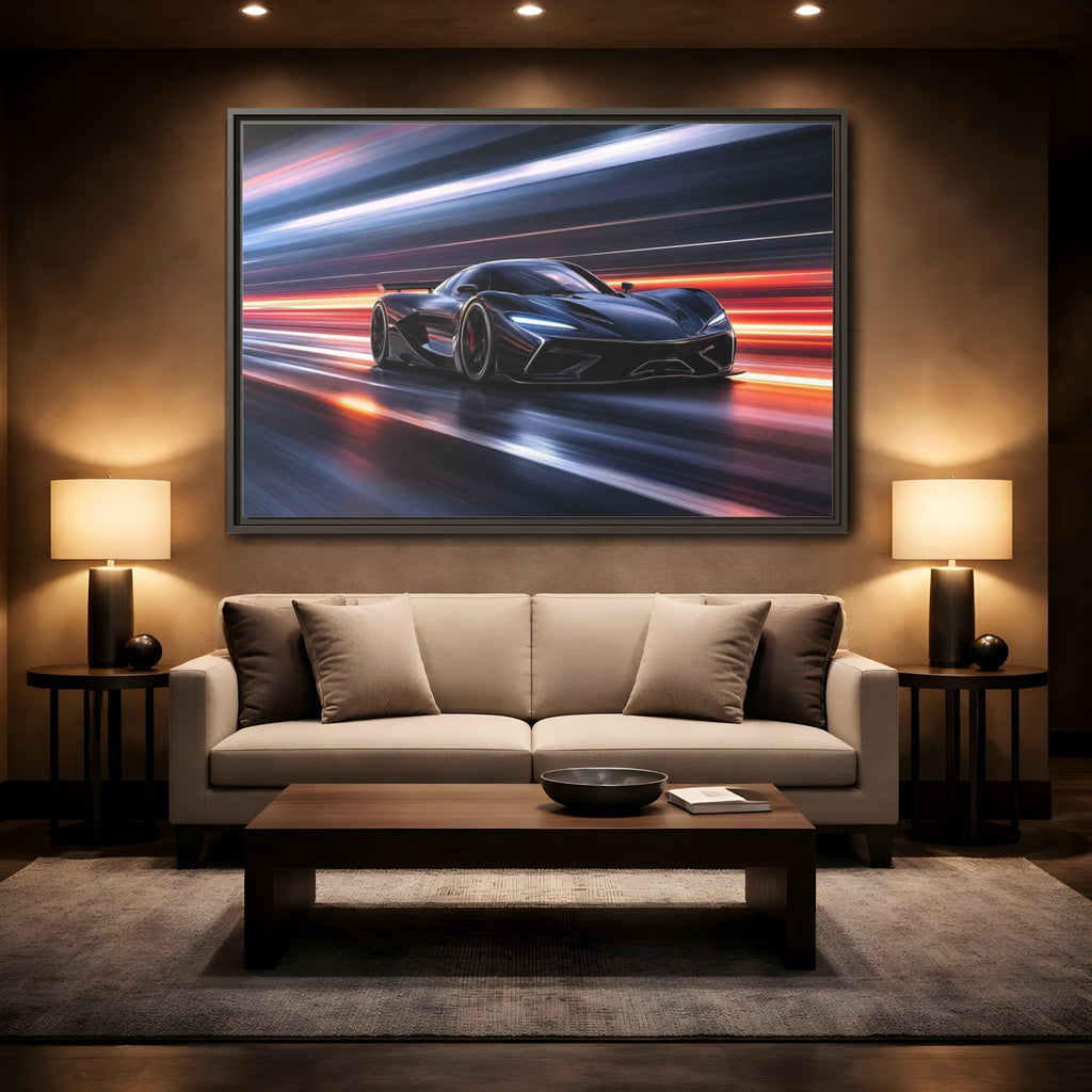 Mockup 2. Science Fiction Hypercar Dark Blue Speed shown as stretched canvas wall art