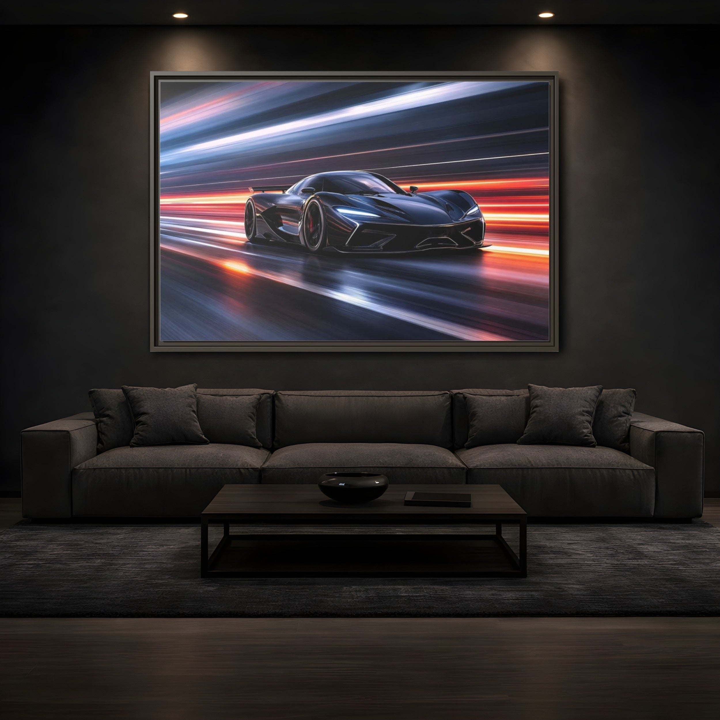 Mockup 3. Science Fiction Hypercar Dark Blue Speed shown as stretched canvas wall art