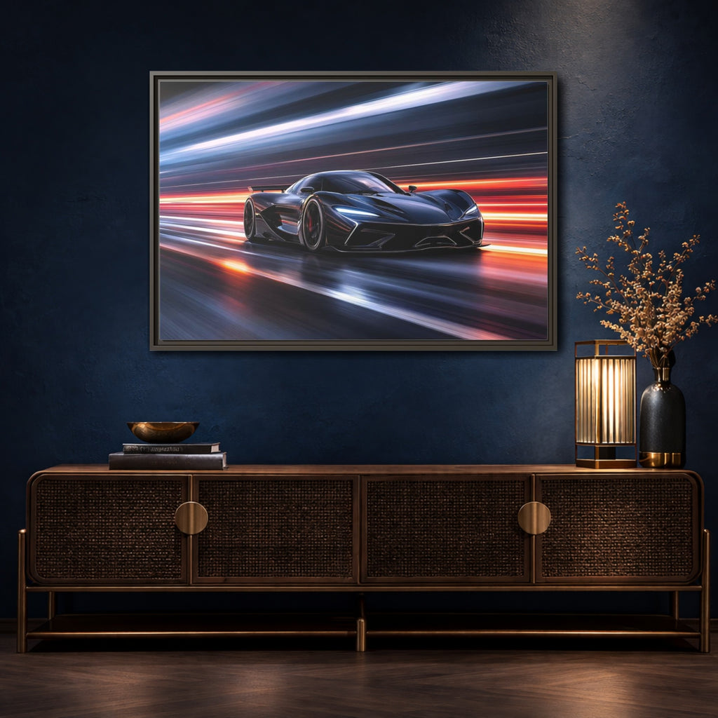 Mockup 4. Science Fiction Hypercar Dark Blue Speed shown as stretched canvas wall art