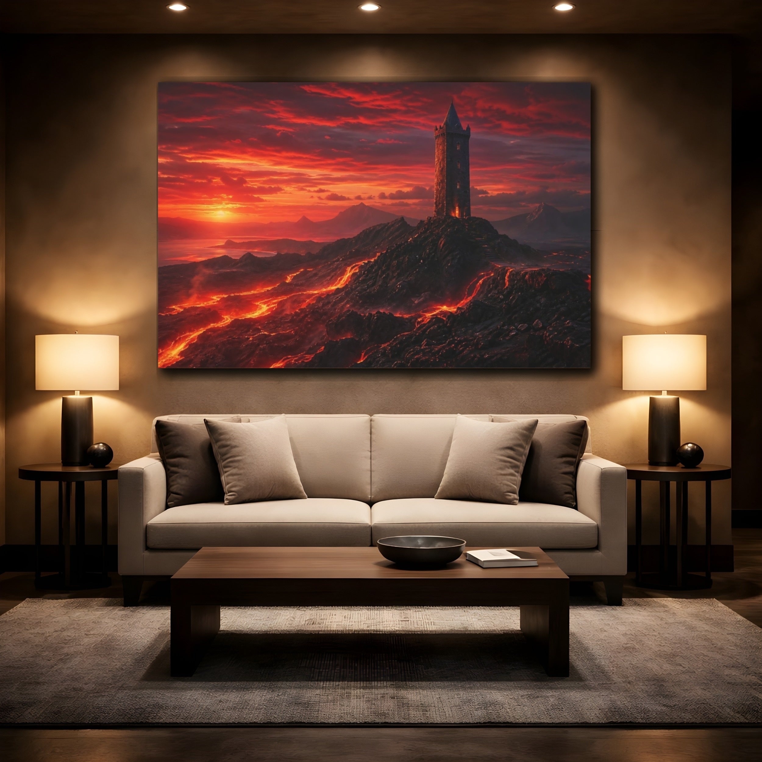 Mockup 2. Science Fiction Lava Tower Red Lava shown as stretched canvas wall art