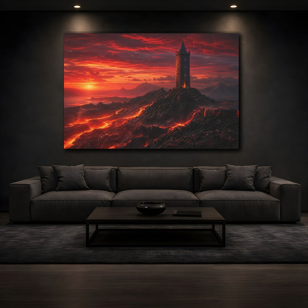 Mockup 3. Science Fiction Lava Tower Red Lava shown as stretched canvas wall art
