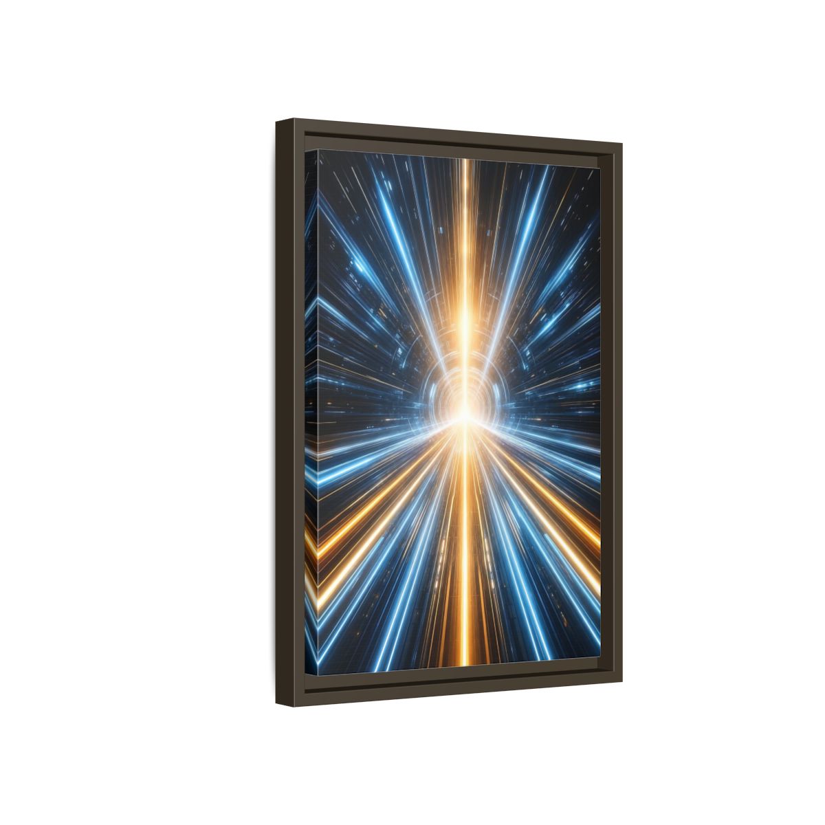 Side Mockup 5. Science Fiction Light Tunnel Blue And Orange Light shown as stretched canvas wall art