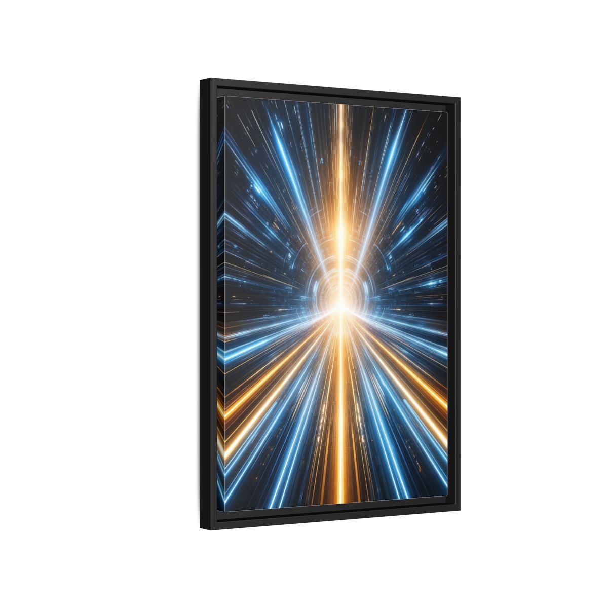 Side Mockup 3. Science Fiction Light Tunnel Blue And Orange Light shown as stretched canvas wall art