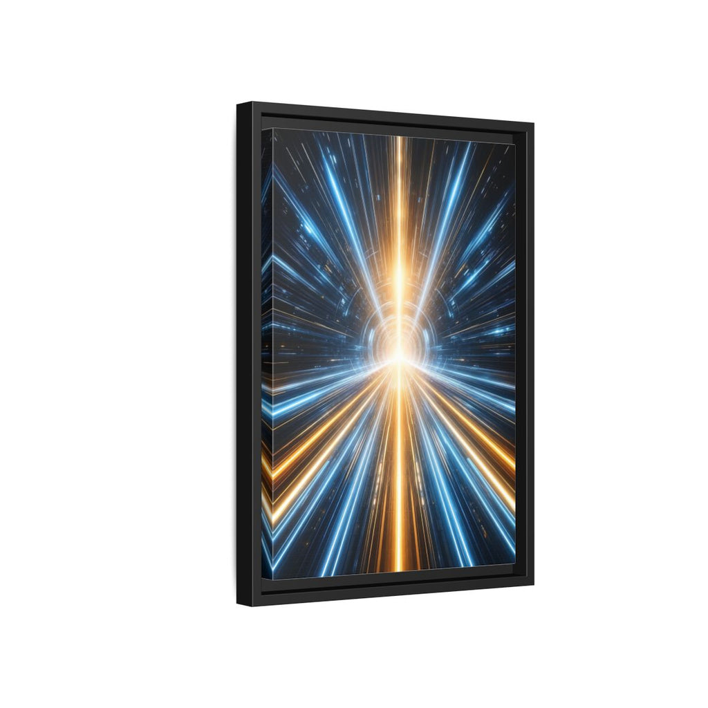 Side Mockup 6. Science Fiction Light Tunnel Blue And Orange Light shown as stretched canvas wall art