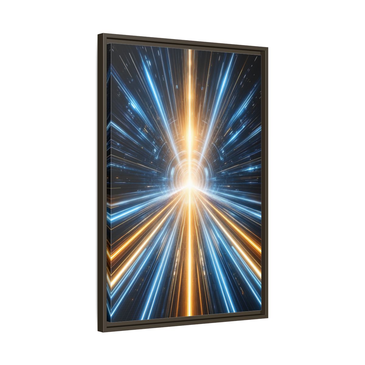Side Mockup 11. Science Fiction Light Tunnel Blue And Orange Light shown as stretched canvas wall art