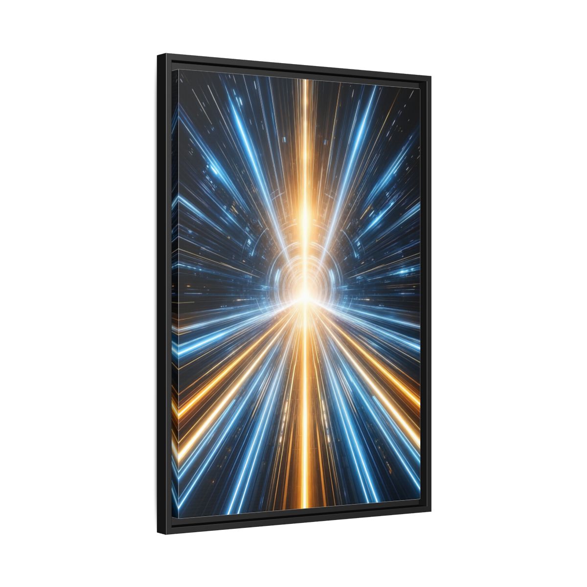 Side Mockup 14. Science Fiction Light Tunnel Blue And Orange Light shown as stretched canvas wall art