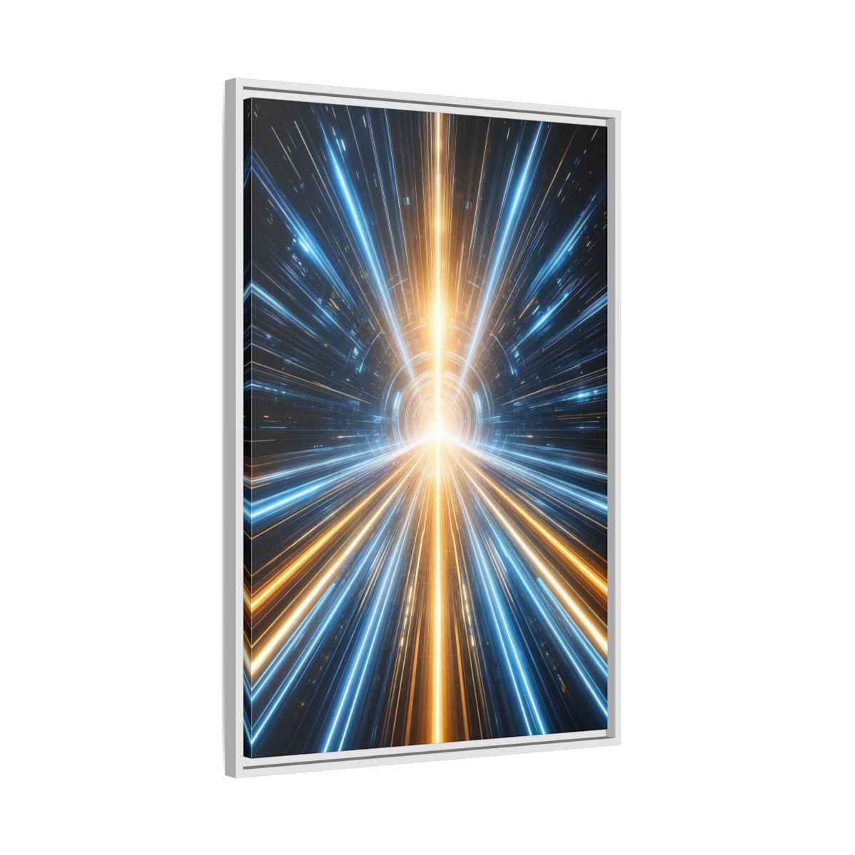 Side Mockup 9. Science Fiction Light Tunnel Blue And Orange Light shown as stretched canvas wall art