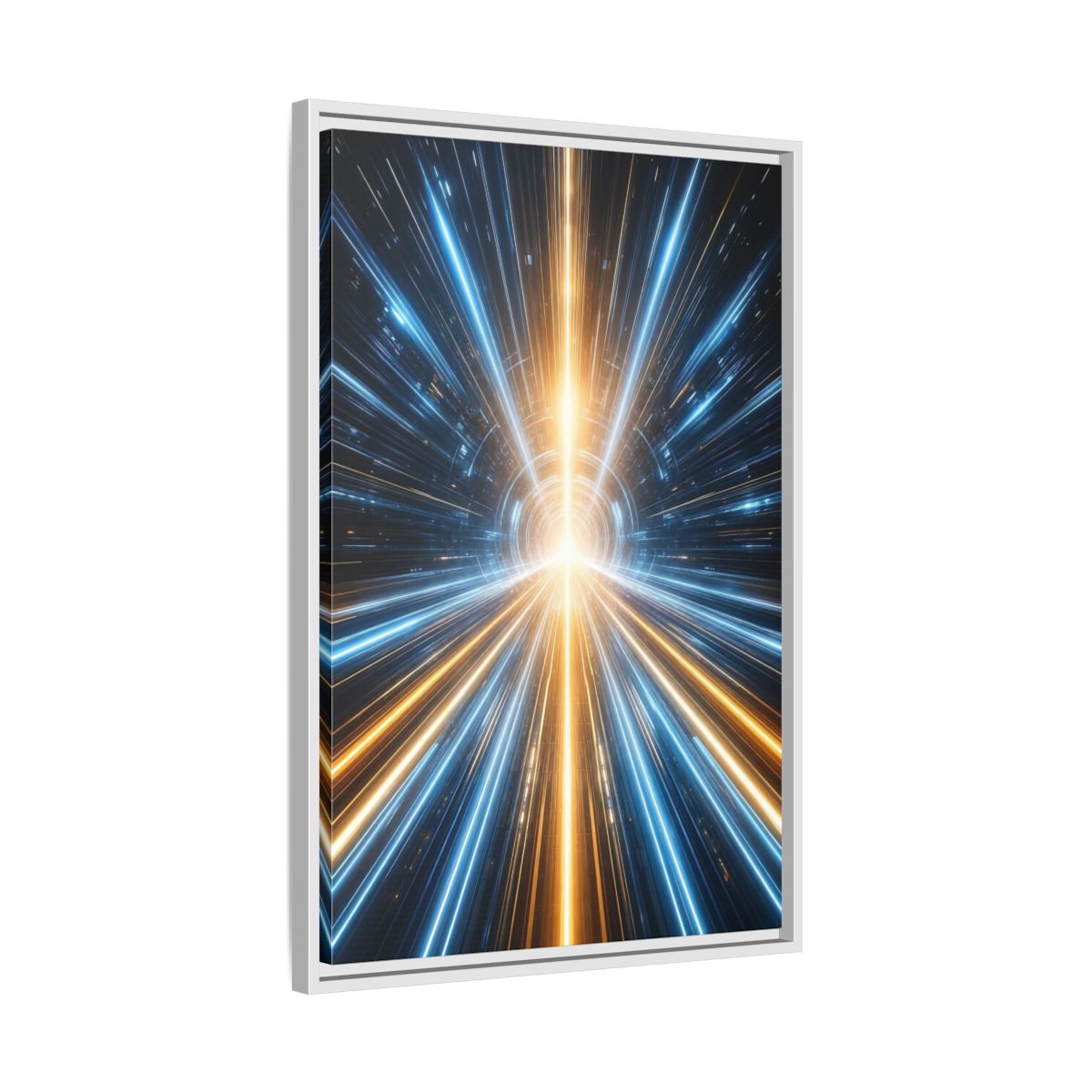 Side Mockup 10. Science Fiction Light Tunnel Blue And Orange Light shown as stretched canvas wall art