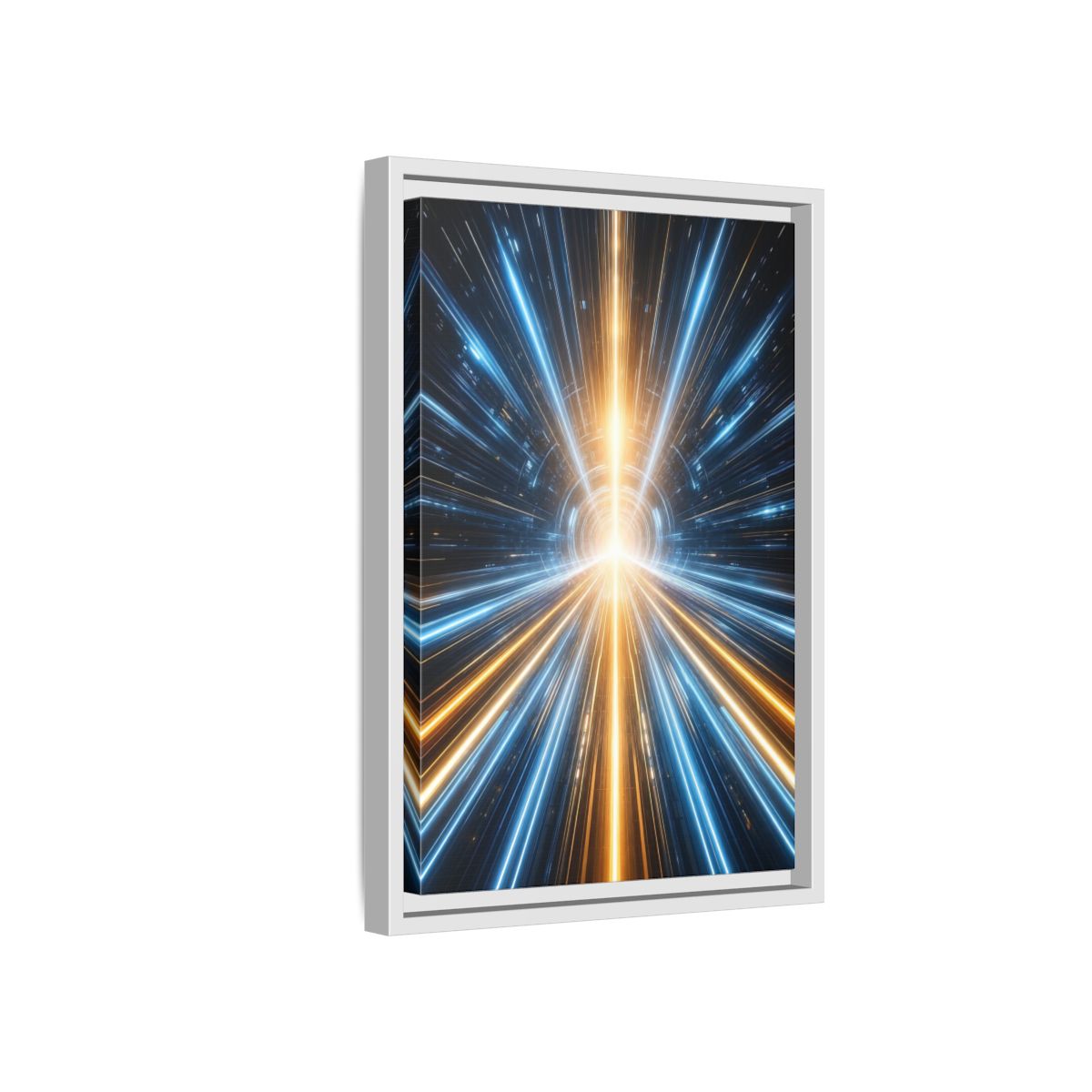 Side Mockup 4. Science Fiction Light Tunnel Blue And Orange Light shown as stretched canvas wall art
