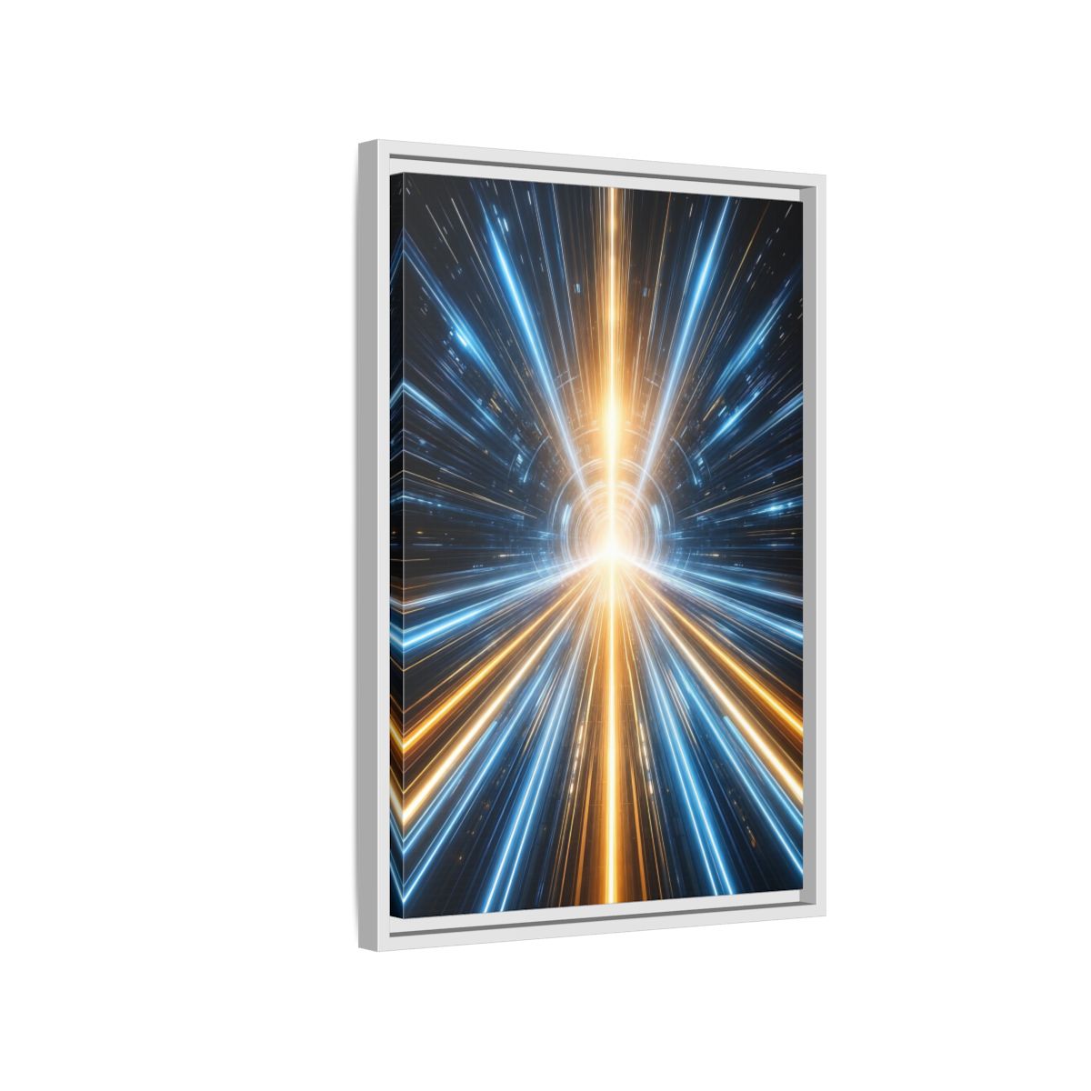 Side Mockup 1. Science Fiction Light Tunnel Blue And Orange Light shown as stretched canvas wall art