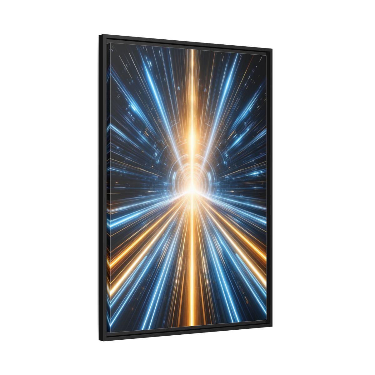 Side Mockup 13. Science Fiction Light Tunnel Blue And Orange Light shown as stretched canvas wall art