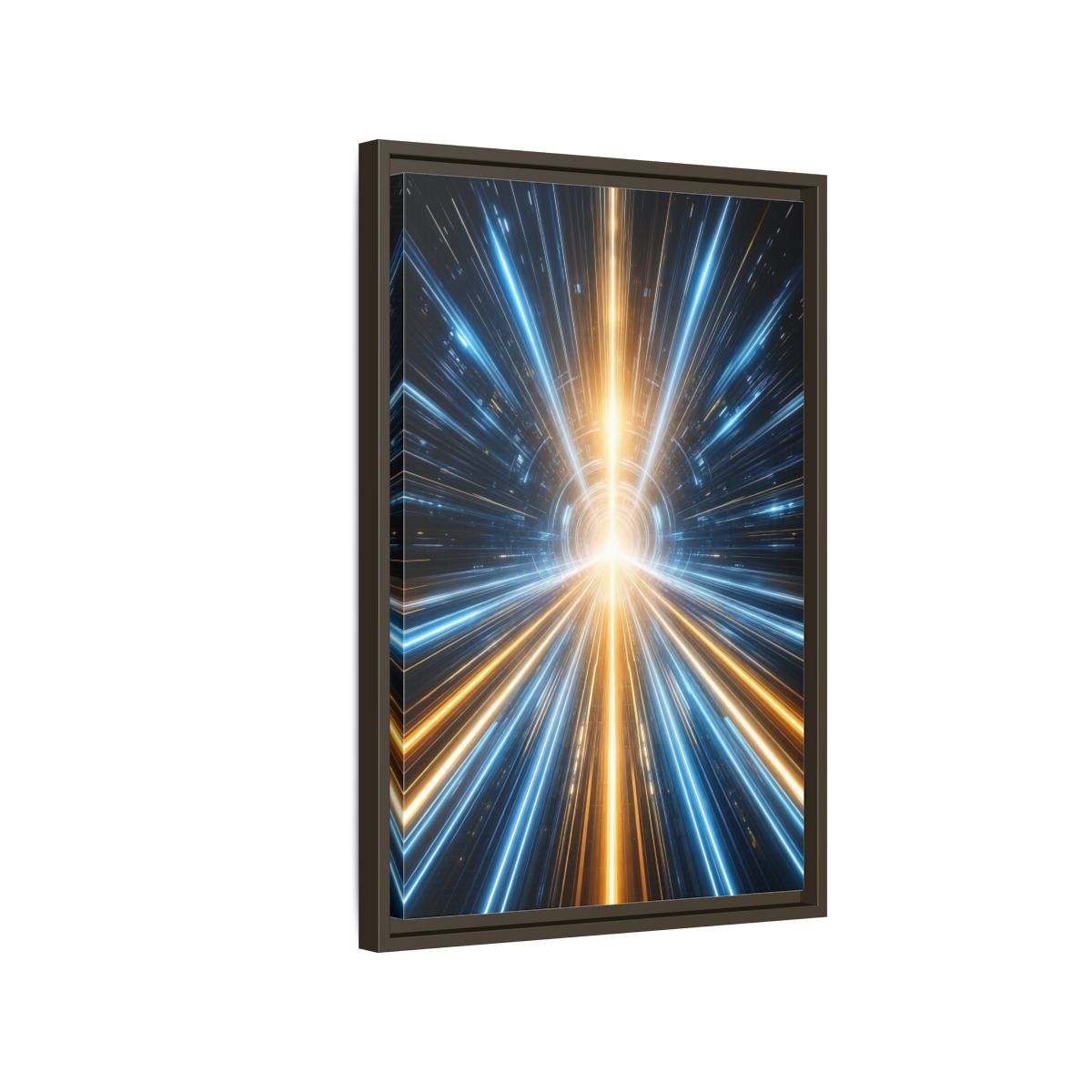 Side Mockup 2. Science Fiction Light Tunnel Blue And Orange Light shown as stretched canvas wall art