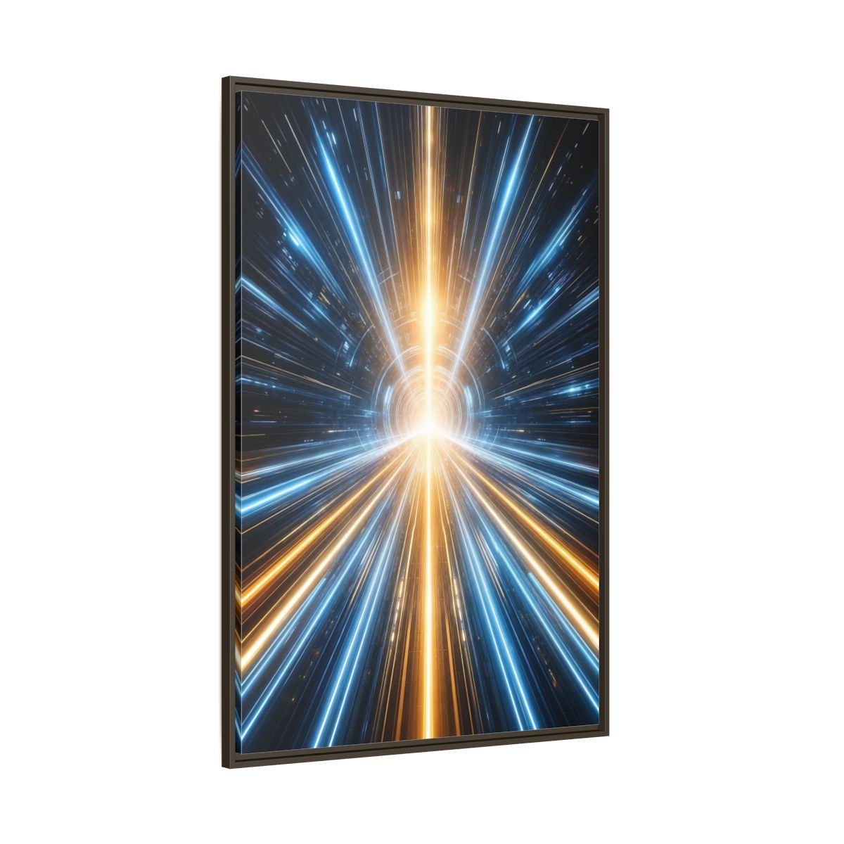 Side Mockup 8. Science Fiction Light Tunnel Blue And Orange Light shown as stretched canvas wall art
