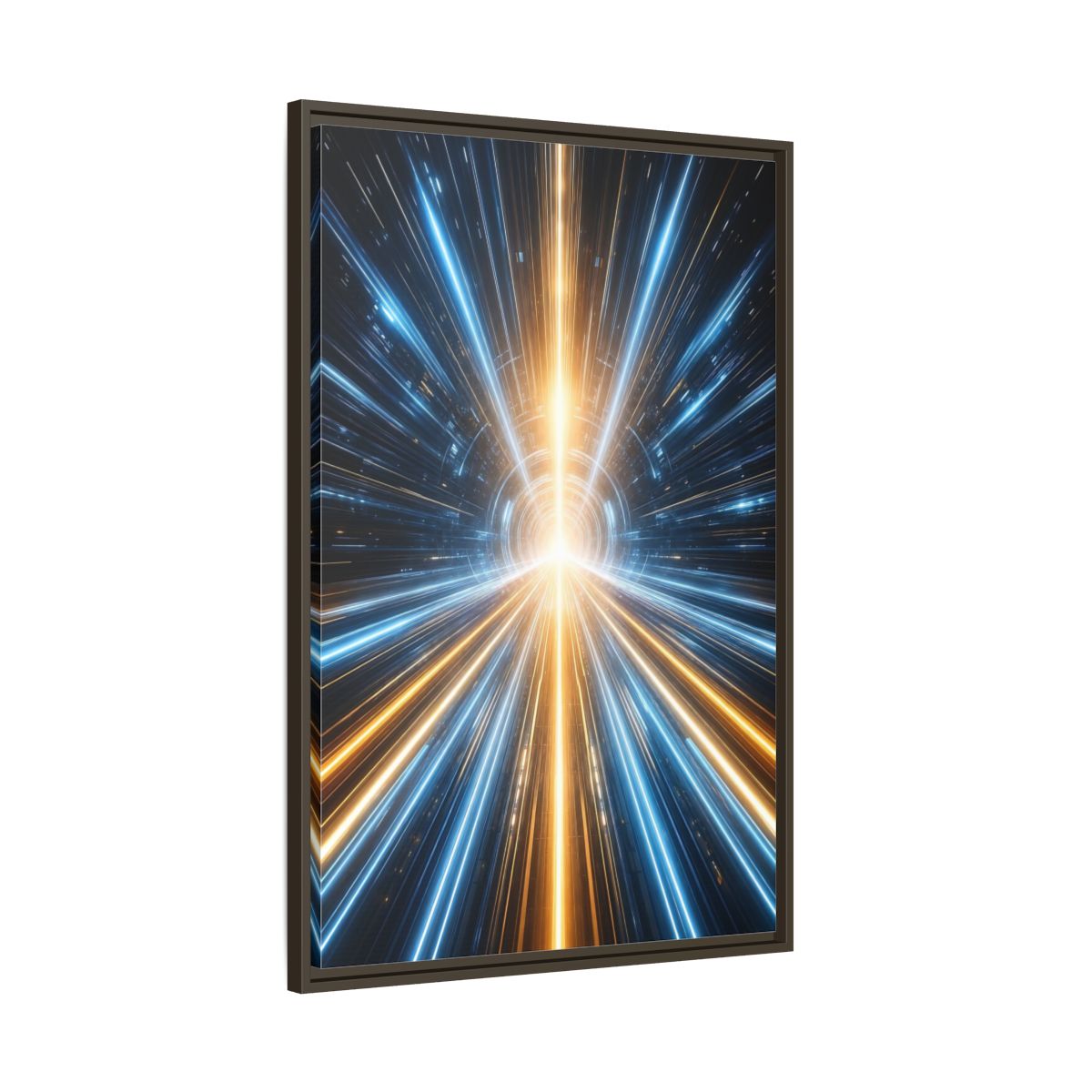 Main Mockup. Science Fiction Light Tunnel Blue And Orange Light shown as stretched canvas wall art